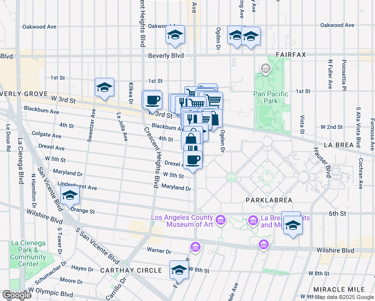 map of restaurants, bars, coffee shops, grocery stores, and more near 6309 Colgate Avenue in Los Angeles