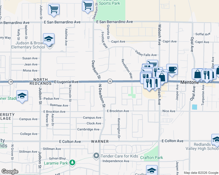 map of restaurants, bars, coffee shops, grocery stores, and more near 1234 Heath Street in Redlands
