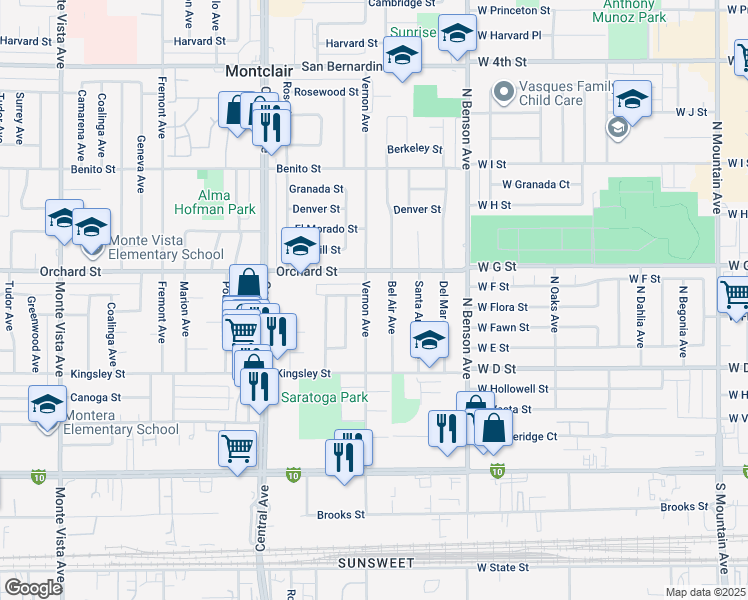 map of restaurants, bars, coffee shops, grocery stores, and more near 10151 Vernon Avenue in Montclair