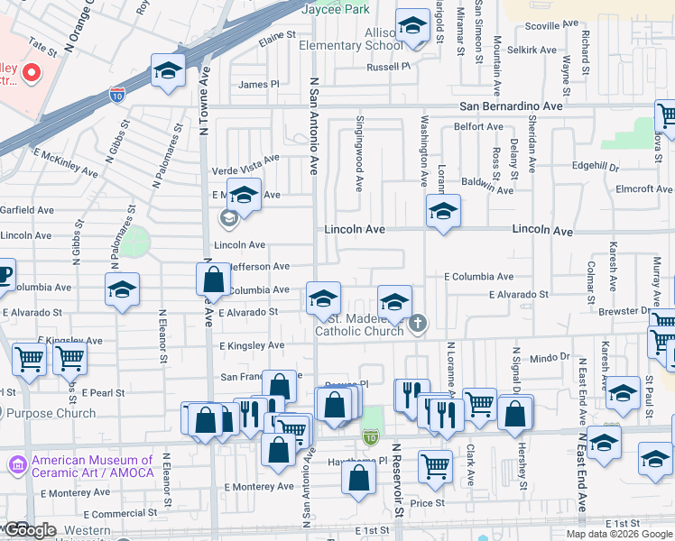 map of restaurants, bars, coffee shops, grocery stores, and more near 836 East Jefferson Avenue in Pomona