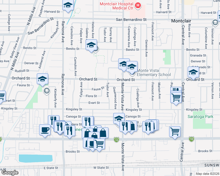 map of restaurants, bars, coffee shops, grocery stores, and more near 4805 Fauna Street in Montclair