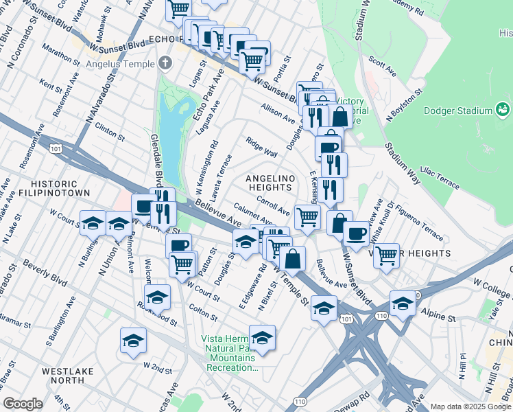 map of restaurants, bars, coffee shops, grocery stores, and more near 715 Douglas Street in Los Angeles