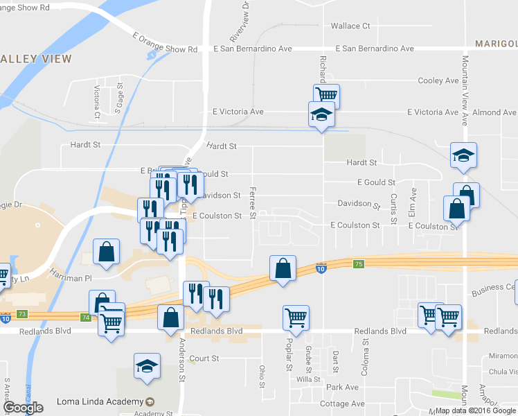 map of restaurants, bars, coffee shops, grocery stores, and more near 1374 East Aurora Lane in San Bernardino