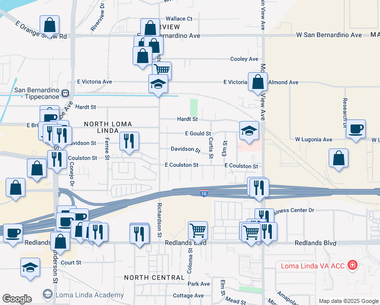map of restaurants, bars, coffee shops, grocery stores, and more near 1749 Davidson Street in Loma Linda