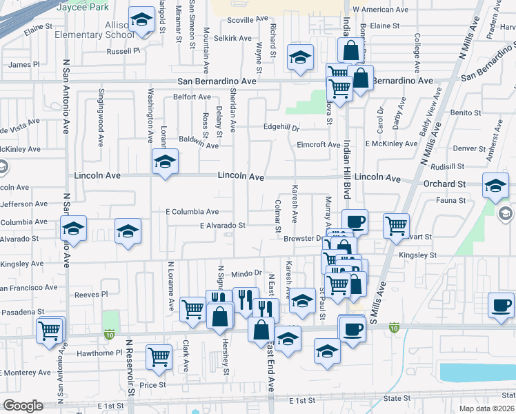 map of restaurants, bars, coffee shops, grocery stores, and more near 1283 Essex Avenue in Pomona