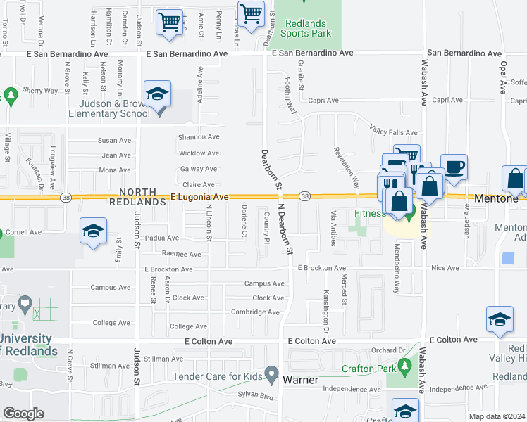 map of restaurants, bars, coffee shops, grocery stores, and more near 1248 Country Place in Redlands