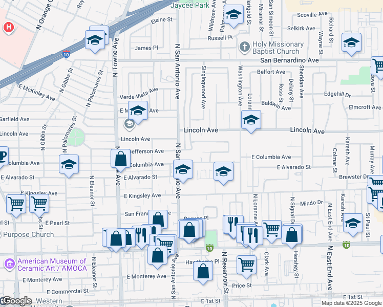 map of restaurants, bars, coffee shops, grocery stores, and more near 867 Patrick Avenue in Pomona