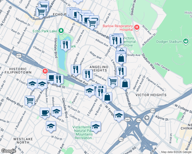 map of restaurants, bars, coffee shops, grocery stores, and more near 1354 Carroll Avenue in Los Angeles
