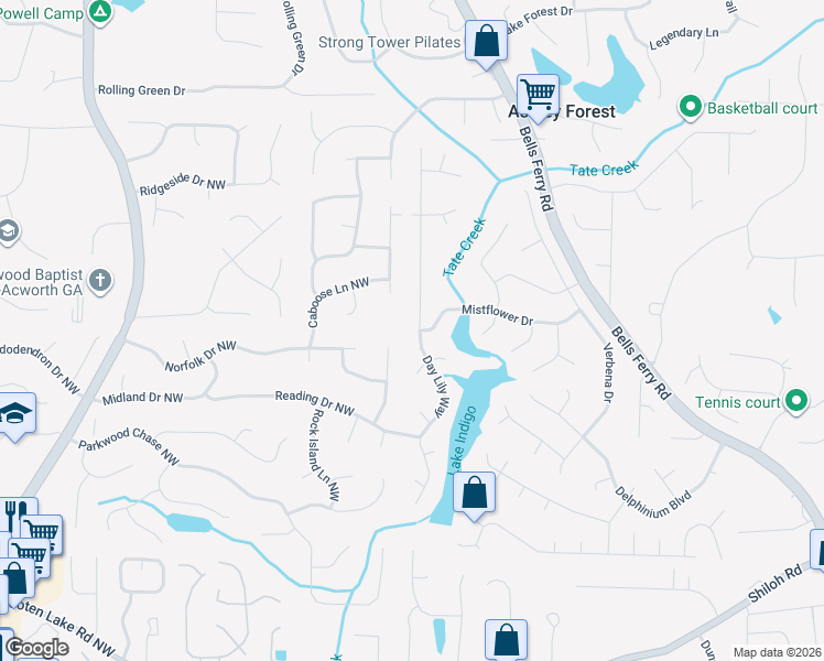map of restaurants, bars, coffee shops, grocery stores, and more near 4942 Day Lily Way in Acworth