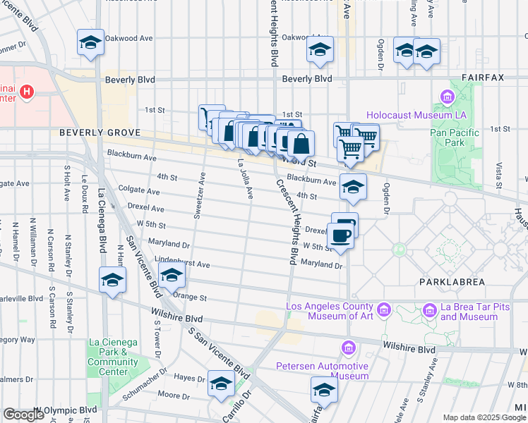map of restaurants, bars, coffee shops, grocery stores, and more near 6454 Colgate Avenue in Los Angeles