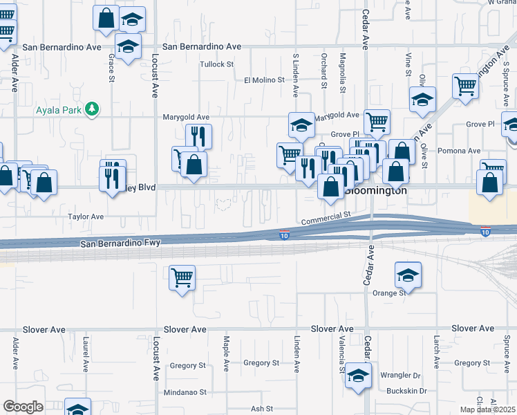 map of restaurants, bars, coffee shops, grocery stores, and more near 18411 Valley Boulevard in Bloomington