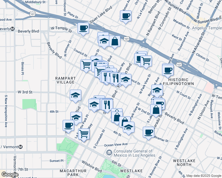 map of restaurants, bars, coffee shops, grocery stores, and more near 110 South Benton Way in Los Angeles