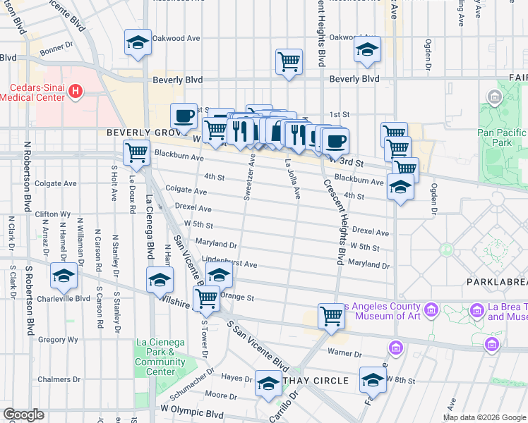 map of restaurants, bars, coffee shops, grocery stores, and more near 6507 Drexel Avenue in Los Angeles