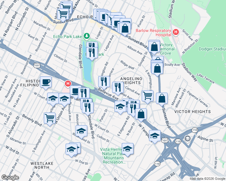 map of restaurants, bars, coffee shops, grocery stores, and more near 1442 Calumet Avenue in Los Angeles
