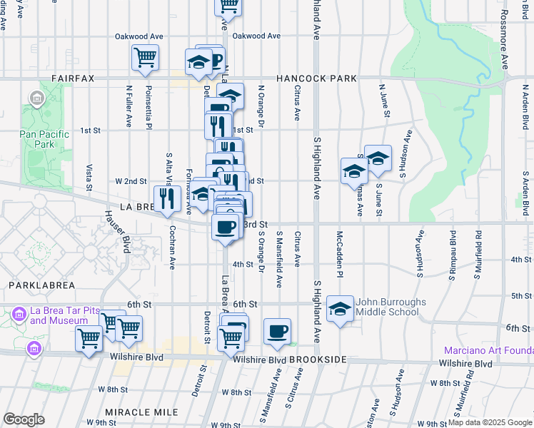 map of restaurants, bars, coffee shops, grocery stores, and more near 253 South Mansfield Avenue in Los Angeles