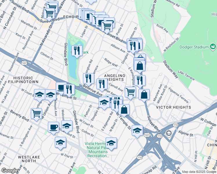map of restaurants, bars, coffee shops, grocery stores, and more near 715 Douglas Street in Los Angeles