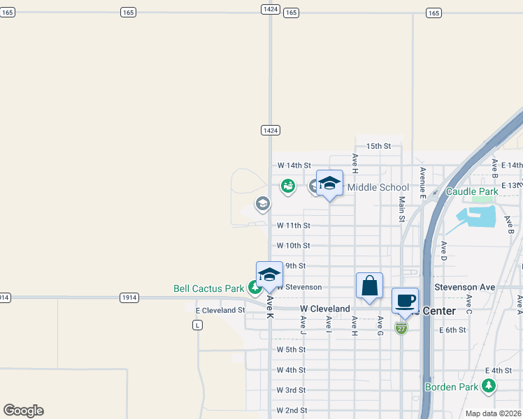 map of restaurants, bars, coffee shops, grocery stores, and more near 1105 Avenue K in Hale Center