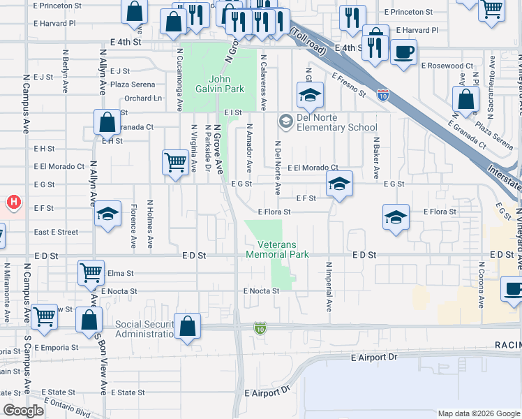 map of restaurants, bars, coffee shops, grocery stores, and more near 609 North Calaveras Avenue in Ontario