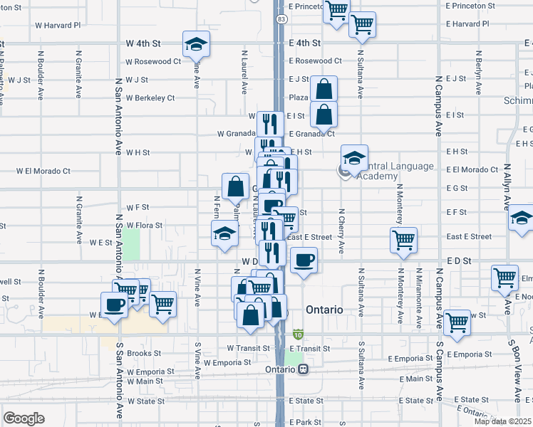 map of restaurants, bars, coffee shops, grocery stores, and more near 615 North Laurel Avenue in Ontario