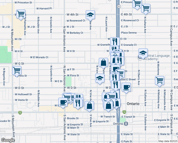 map of restaurants, bars, coffee shops, grocery stores, and more near 531 West F Street in Ontario