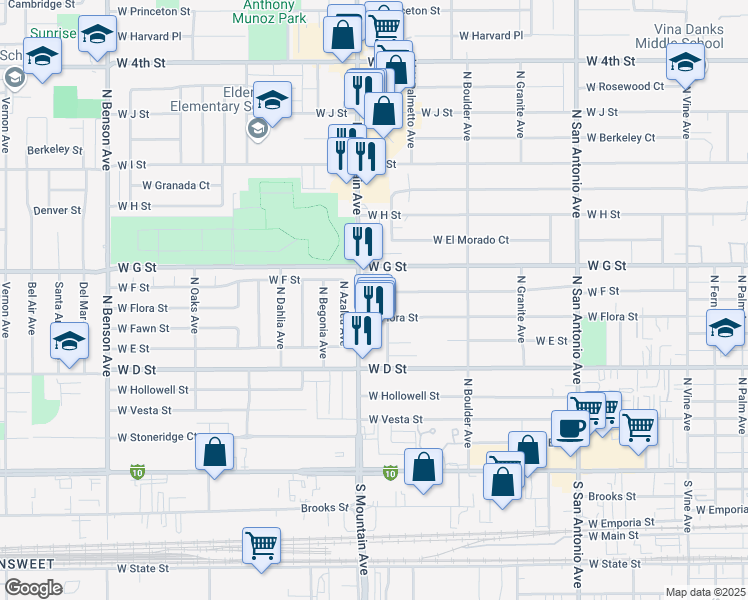 map of restaurants, bars, coffee shops, grocery stores, and more near 1025 North Palmetto Avenue in Ontario