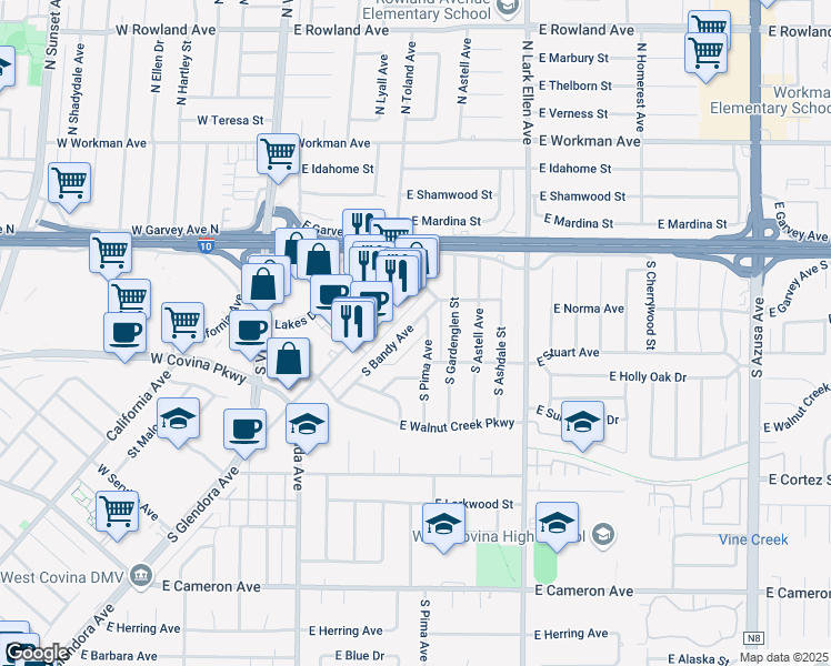 map of restaurants, bars, coffee shops, grocery stores, and more near 208 South Bandy Avenue in West Covina