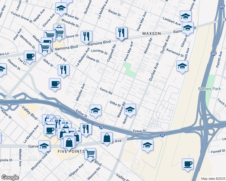 map of restaurants, bars, coffee shops, grocery stores, and more near 12043 Ferris Road in El Monte
