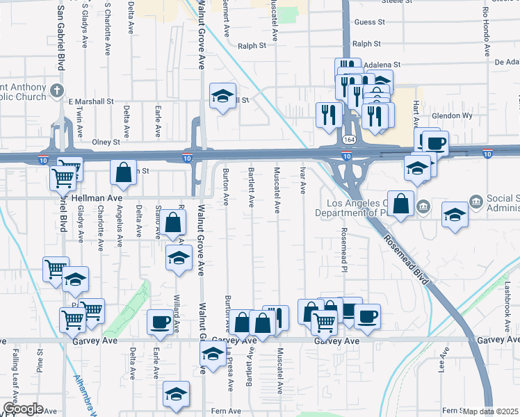 map of restaurants, bars, coffee shops, grocery stores, and more near 3368 Bartlett Avenue in Rosemead
