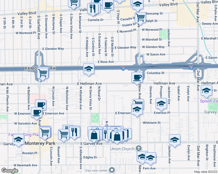 map of restaurants, bars, coffee shops, grocery stores, and more near 619c North Orange Avenue in Monterey Park