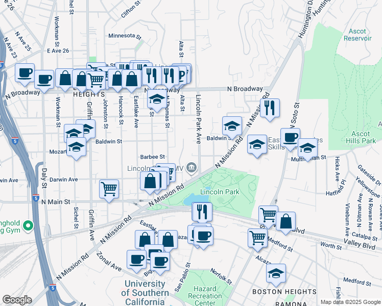 map of restaurants, bars, coffee shops, grocery stores, and more near 2107 Lincoln Park Avenue in Los Angeles