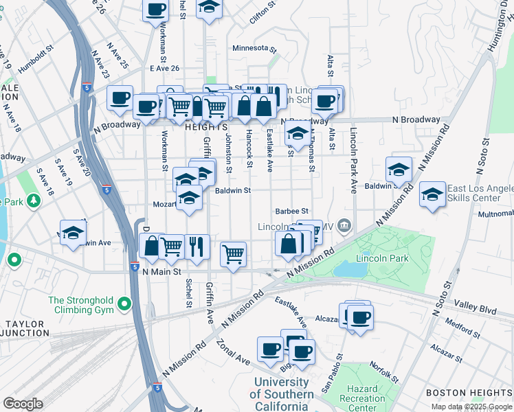 map of restaurants, bars, coffee shops, grocery stores, and more near 2114 1/2 Hancock Street in Los Angeles