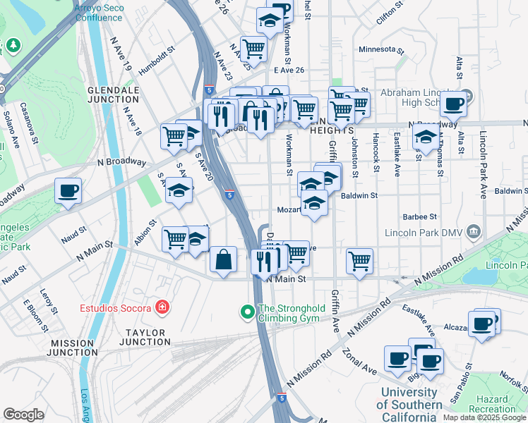 map of restaurants, bars, coffee shops, grocery stores, and more near 2109 Mozart Street in Los Angeles