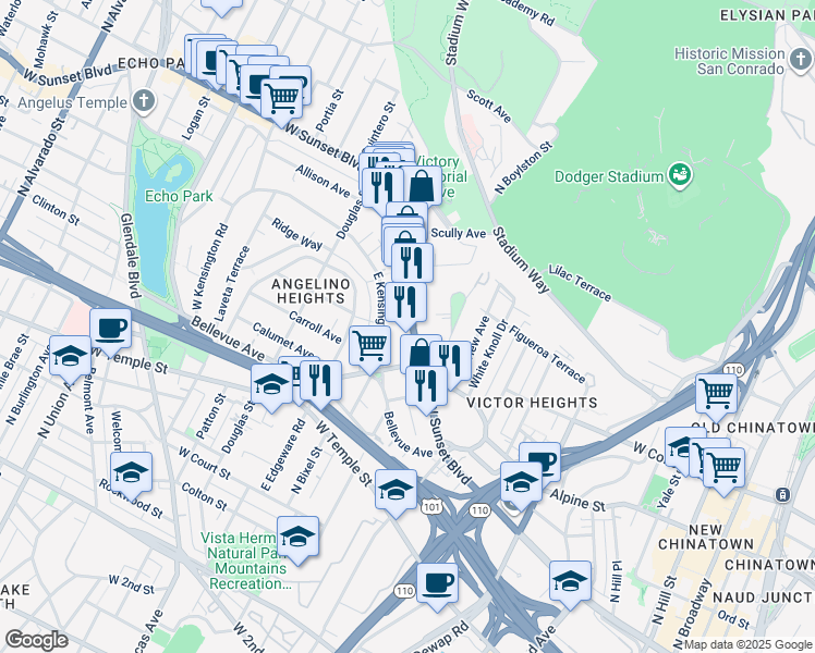 map of restaurants, bars, coffee shops, grocery stores, and more near 1246 Sunset Boulevard in Los Angeles