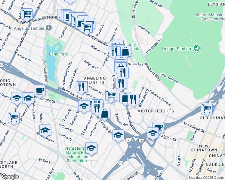 map of restaurants, bars, coffee shops, grocery stores, and more near 832 East Edgeware Road in Los Angeles