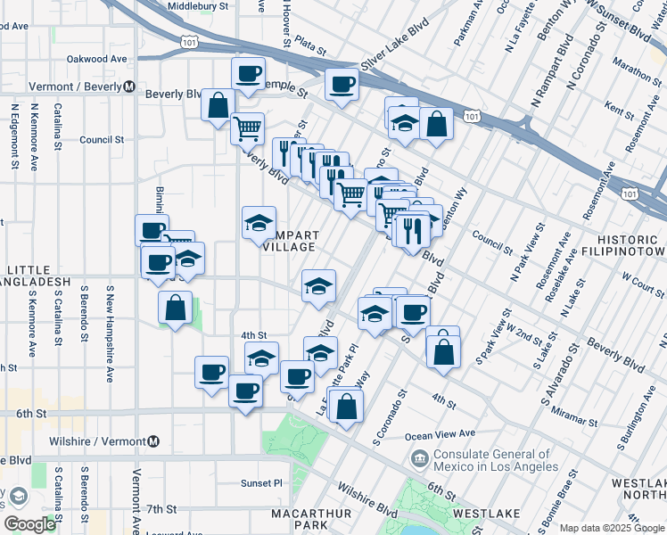 map of restaurants, bars, coffee shops, grocery stores, and more near 209 South Reno Street in Los Angeles