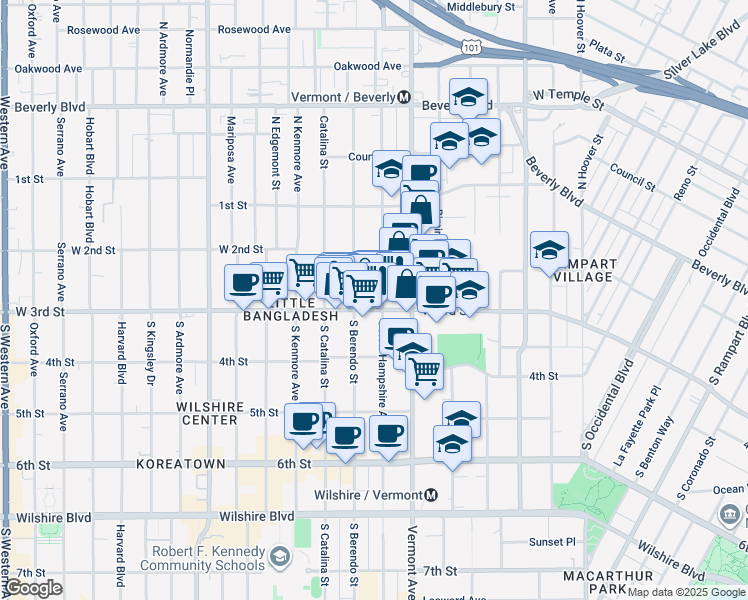 map of restaurants, bars, coffee shops, grocery stores, and more near 275 South New Hampshire Avenue in Los Angeles