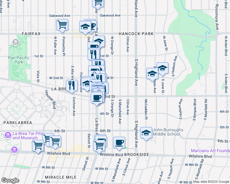 map of restaurants, bars, coffee shops, grocery stores, and more near 253 South Mansfield Avenue in Los Angeles