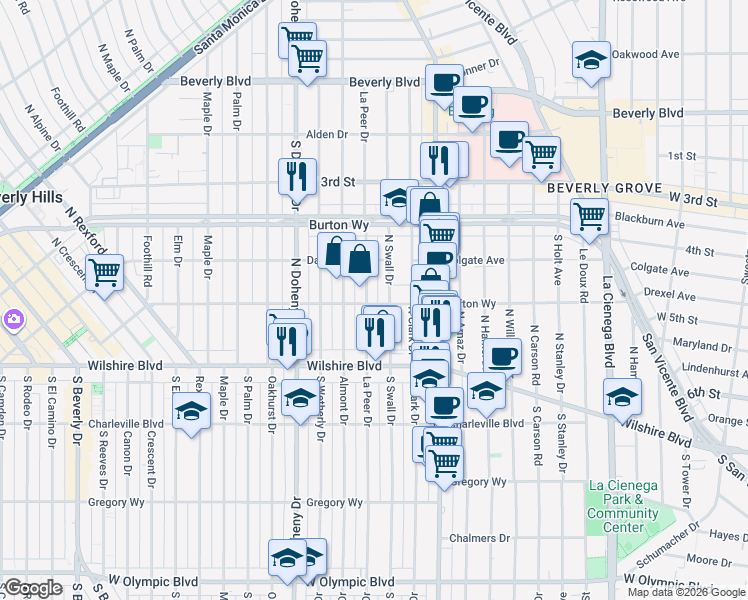 map of restaurants, bars, coffee shops, grocery stores, and more near 207 North Swall Drive in Beverly Hills