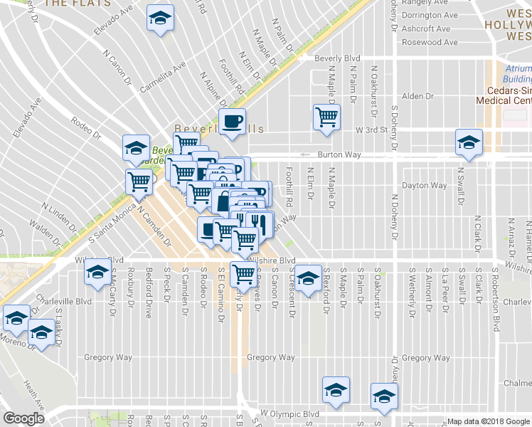 map of restaurants, bars, coffee shops, grocery stores, and more near 238 North Canon Drive in Beverly Hills