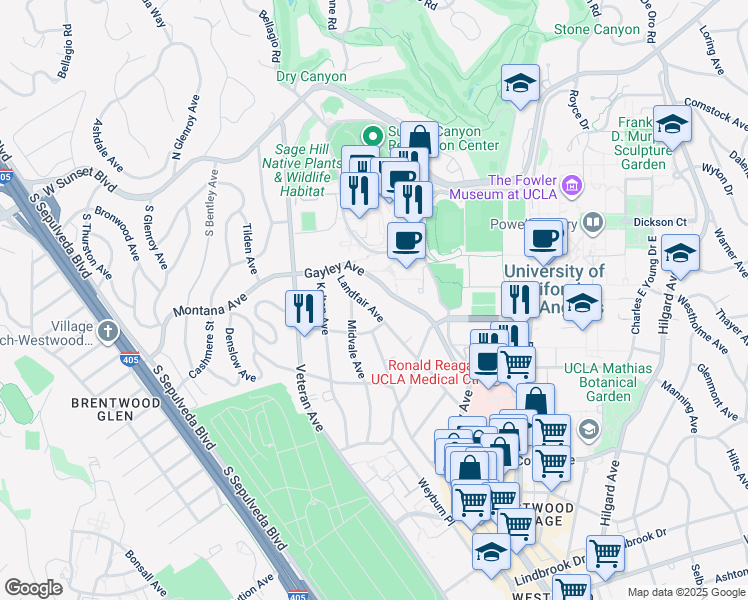 map of restaurants, bars, coffee shops, grocery stores, and more near 442 Landfair Avenue in Los Angeles
