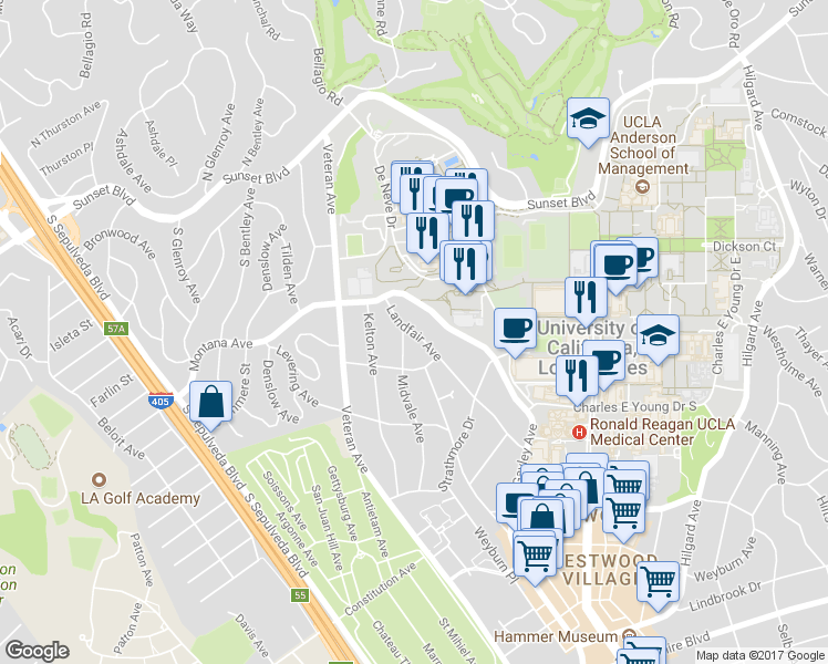map of restaurants, bars, coffee shops, grocery stores, and more near 442 Landfair Avenue in Los Angeles