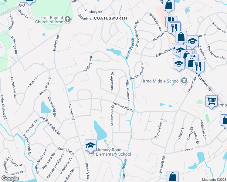 map of restaurants, bars, coffee shops, grocery stores, and more near 1732 Stillwater Drive in Columbia
