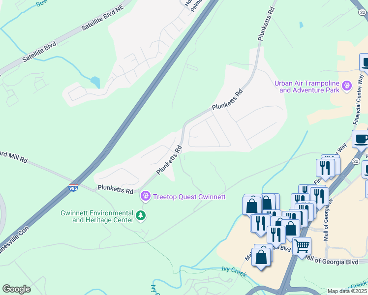 map of restaurants, bars, coffee shops, grocery stores, and more near 2939 Woodward Down Trail in Buford