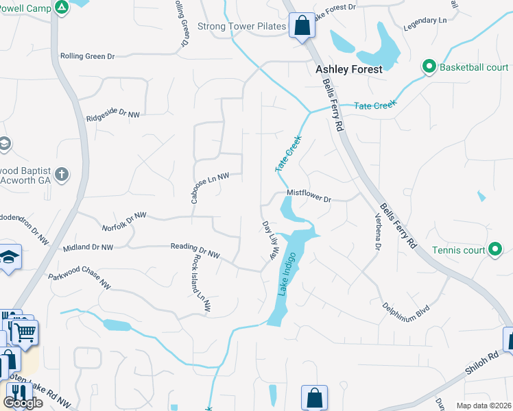 map of restaurants, bars, coffee shops, grocery stores, and more near 4942 Day Lily Way in Acworth