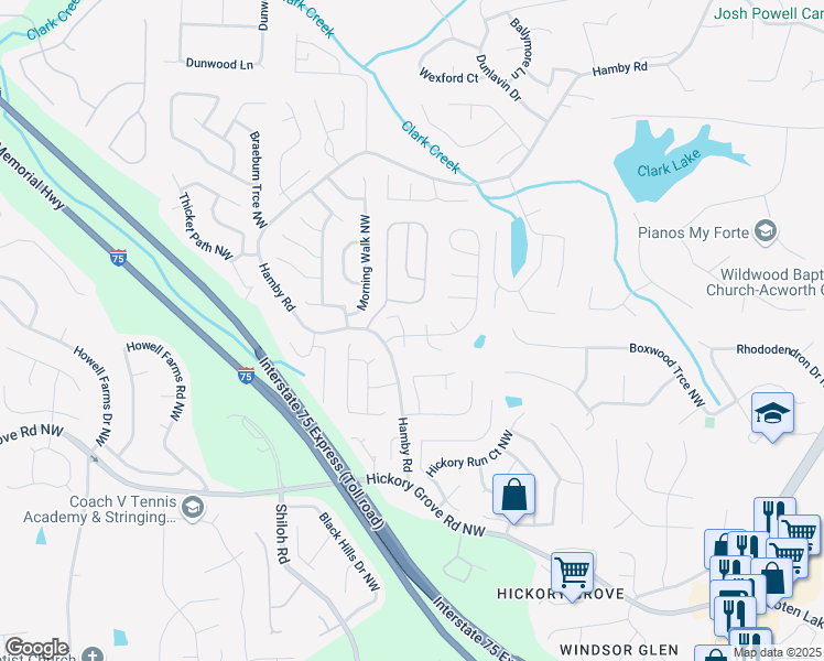 map of restaurants, bars, coffee shops, grocery stores, and more near 4794 Windrush Lane Northwest in Acworth