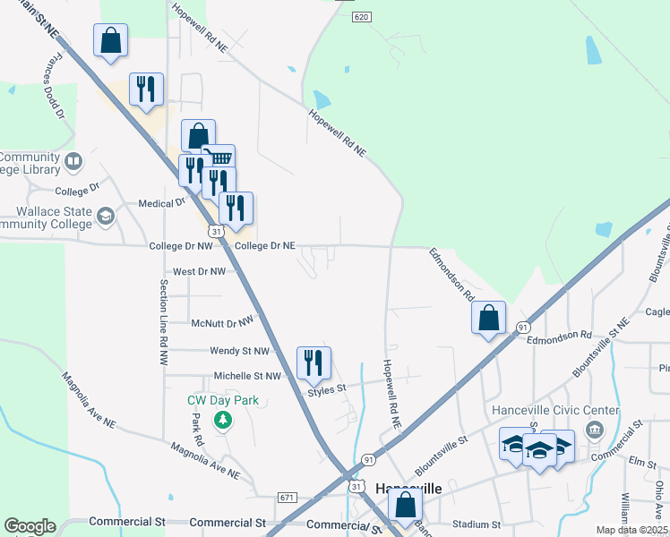 map of restaurants, bars, coffee shops, grocery stores, and more near 315 College Drive Northeast in Hanceville