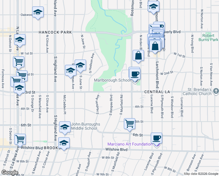 map of restaurants, bars, coffee shops, grocery stores, and more near 241 South Rimpau Boulevard in Los Angeles