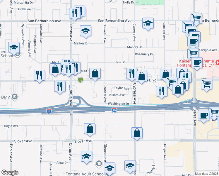 map of restaurants, bars, coffee shops, grocery stores, and more near 16340 Taylor Avenue in Fontana