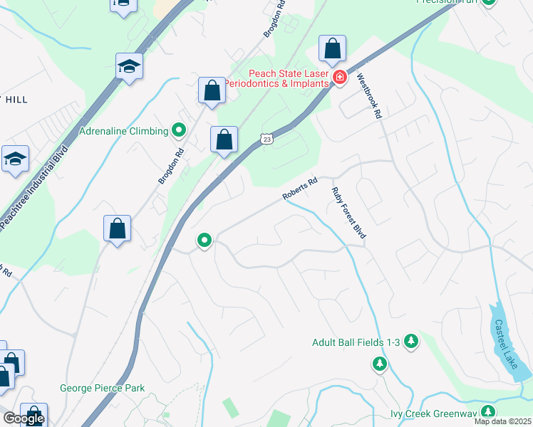 map of restaurants, bars, coffee shops, grocery stores, and more near 165 Roberts Road in Suwanee