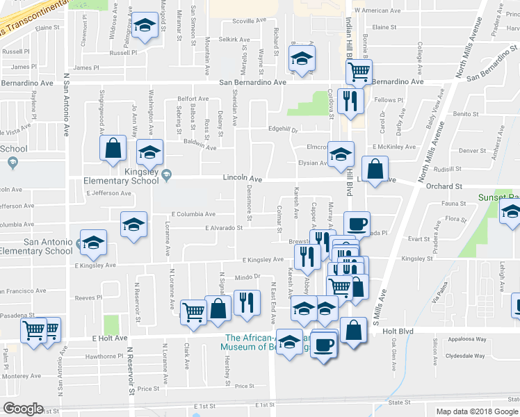 map of restaurants, bars, coffee shops, grocery stores, and more near 1283 Essex Avenue in Pomona
